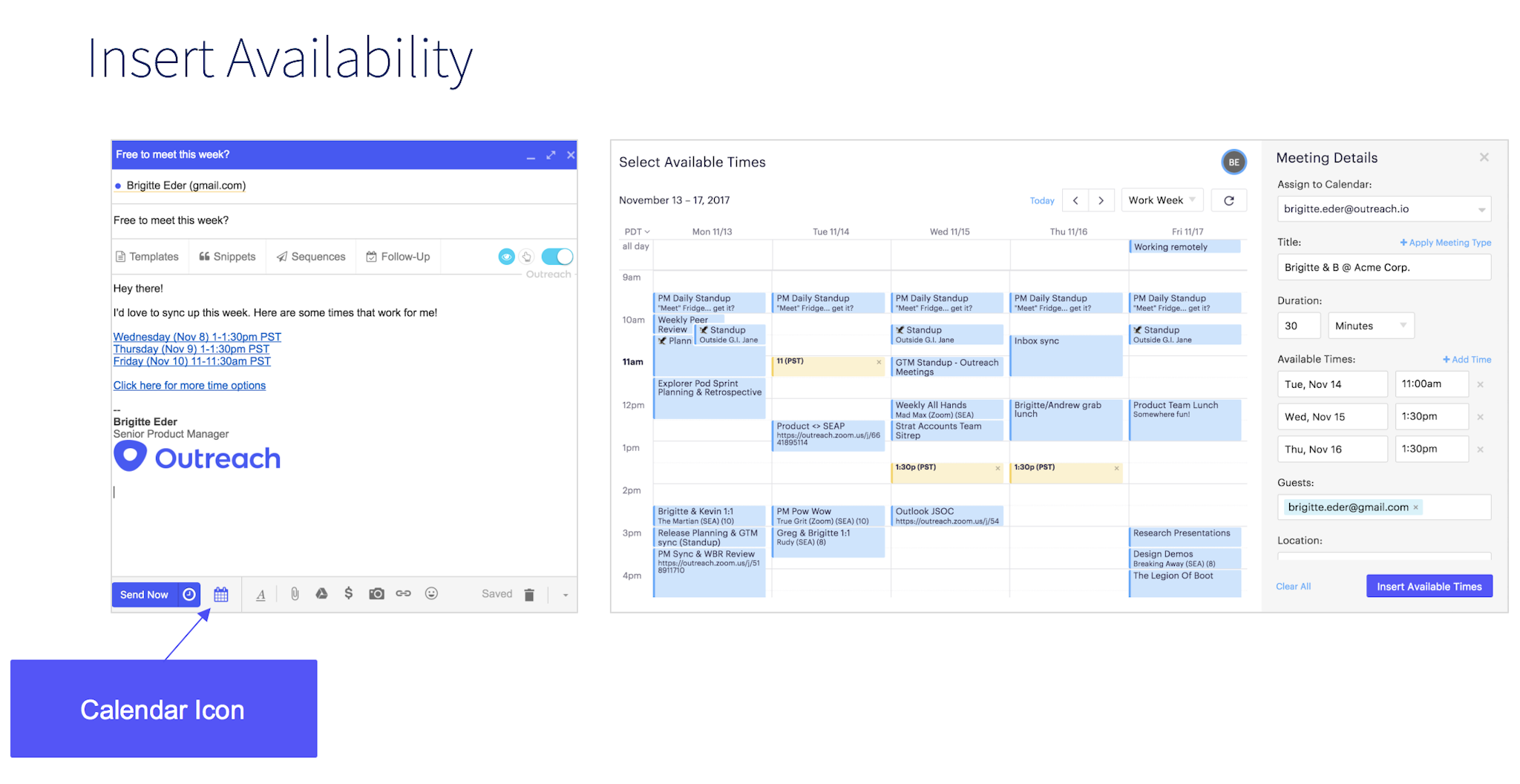 screenshot showing how to insert meeting availability from your calendar into Outreach emails