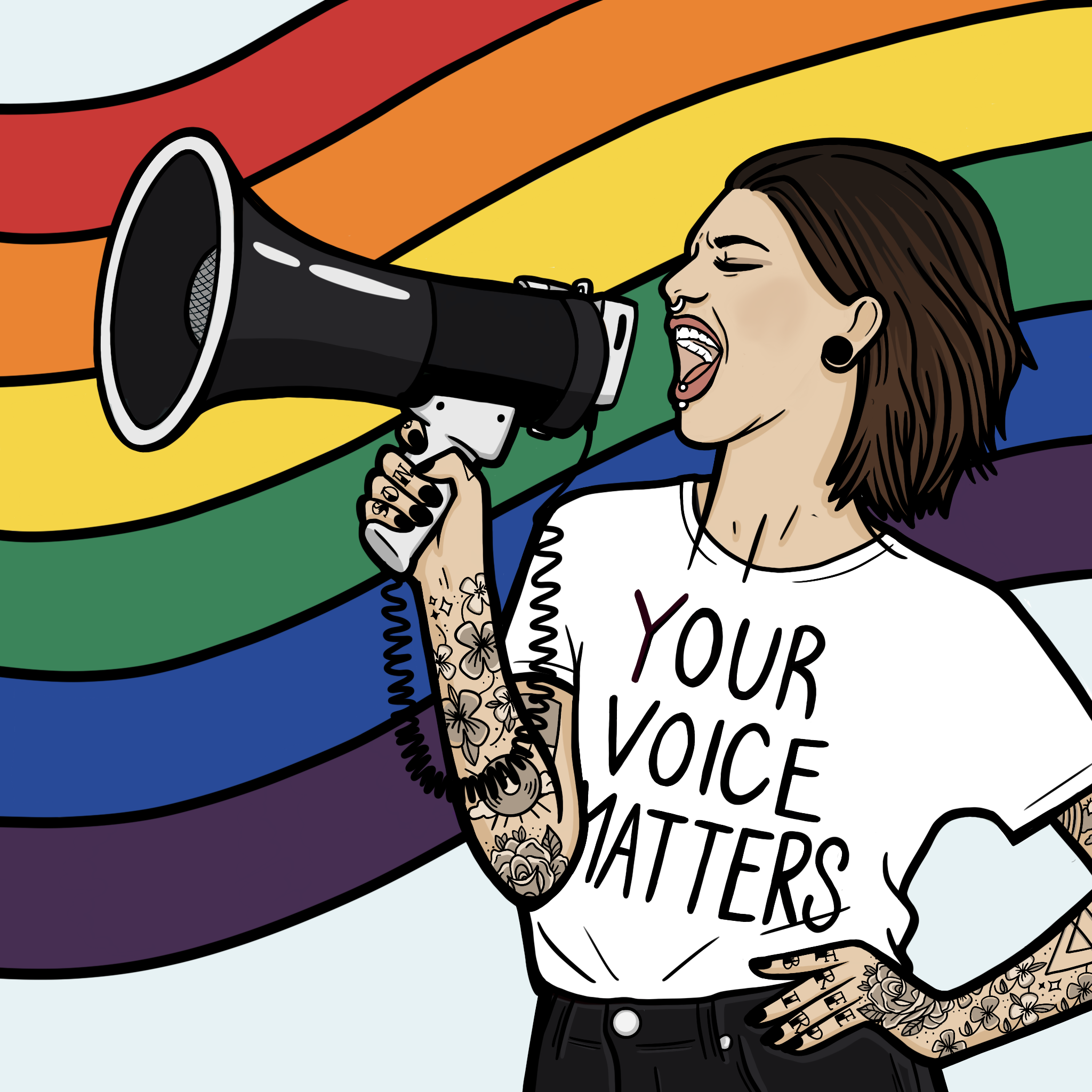 A vibrant illustration depicting a rainbow-colored megaphone against a white background, symbolizing diversity, inclusion, and support for the LGBTQ+ community.