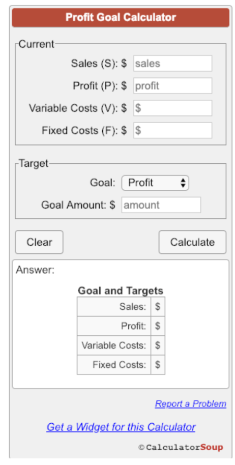 profit goal calculator screenshot
