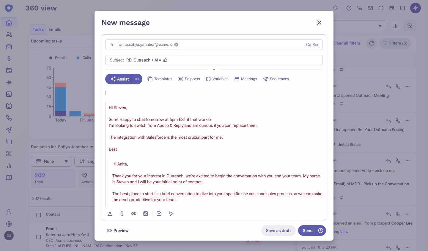 screenshot of smart email assist in outreach