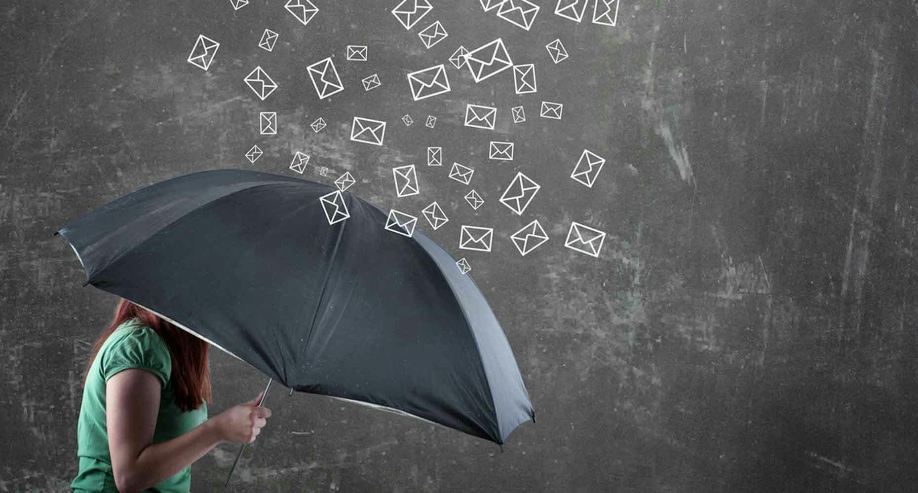 An illustration depicting a storm of emails raining down from the sky, symbolizing an overwhelming influx of digital communication.