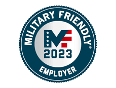 military friendly employer 2023 badge, blue circle with white text